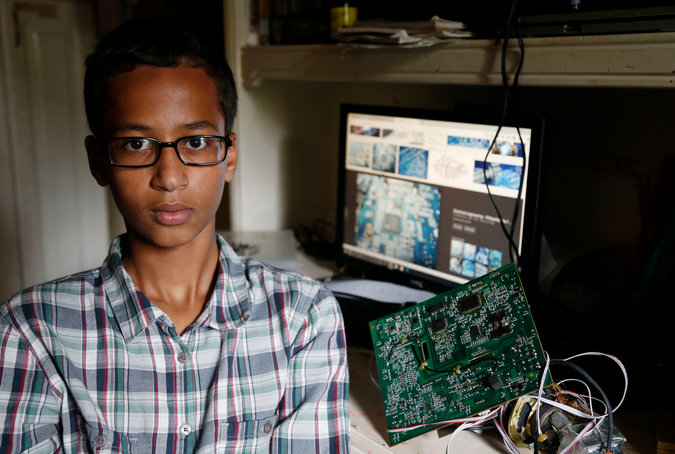  Ahmed Mohamed, a 14-year-old freshman at a high school in Irving, Tex., was detained by the police after he took a homemade alarm clock to school to show an engineering teacher. Credit Vernon Bryant/The Dallas Morning News, via Associated Press 